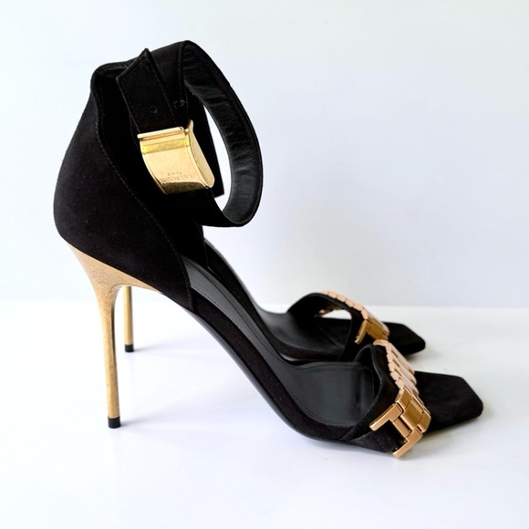 Balmain Uma Chain High Heel Sandals in Black Suede w/ Gold 38.5 - Picture 5 of 16